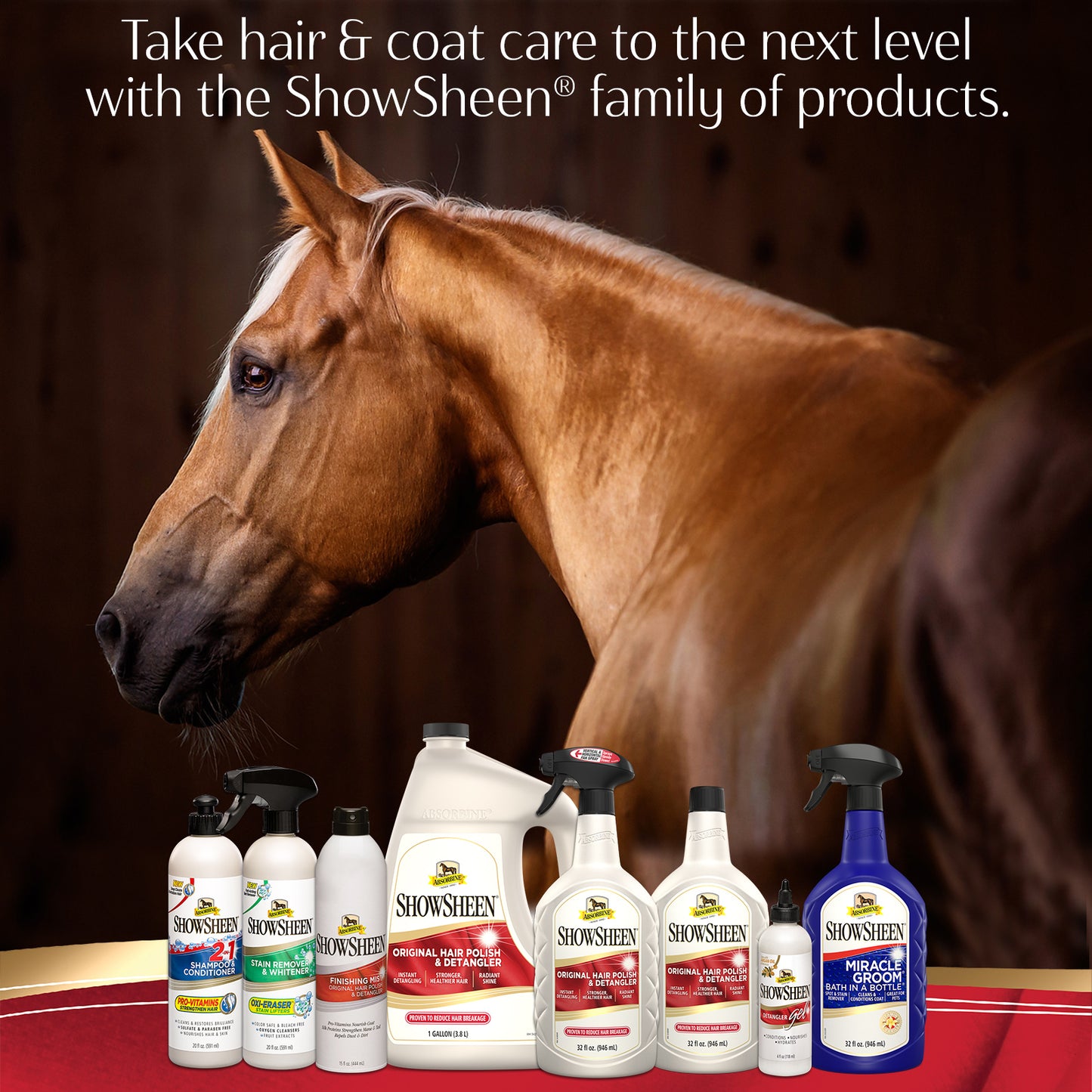 Take hair & coat to the next level with ShowSheen family of products. Chestnut horse standing in back of the Showsheen product line. ShowSheen 2-in-1 shampoo & conditioner, whitener, original hair polish & detangler gallon size, quart with sprayer, refillable quart, detangler gel and ShowSheen Miracle groom.