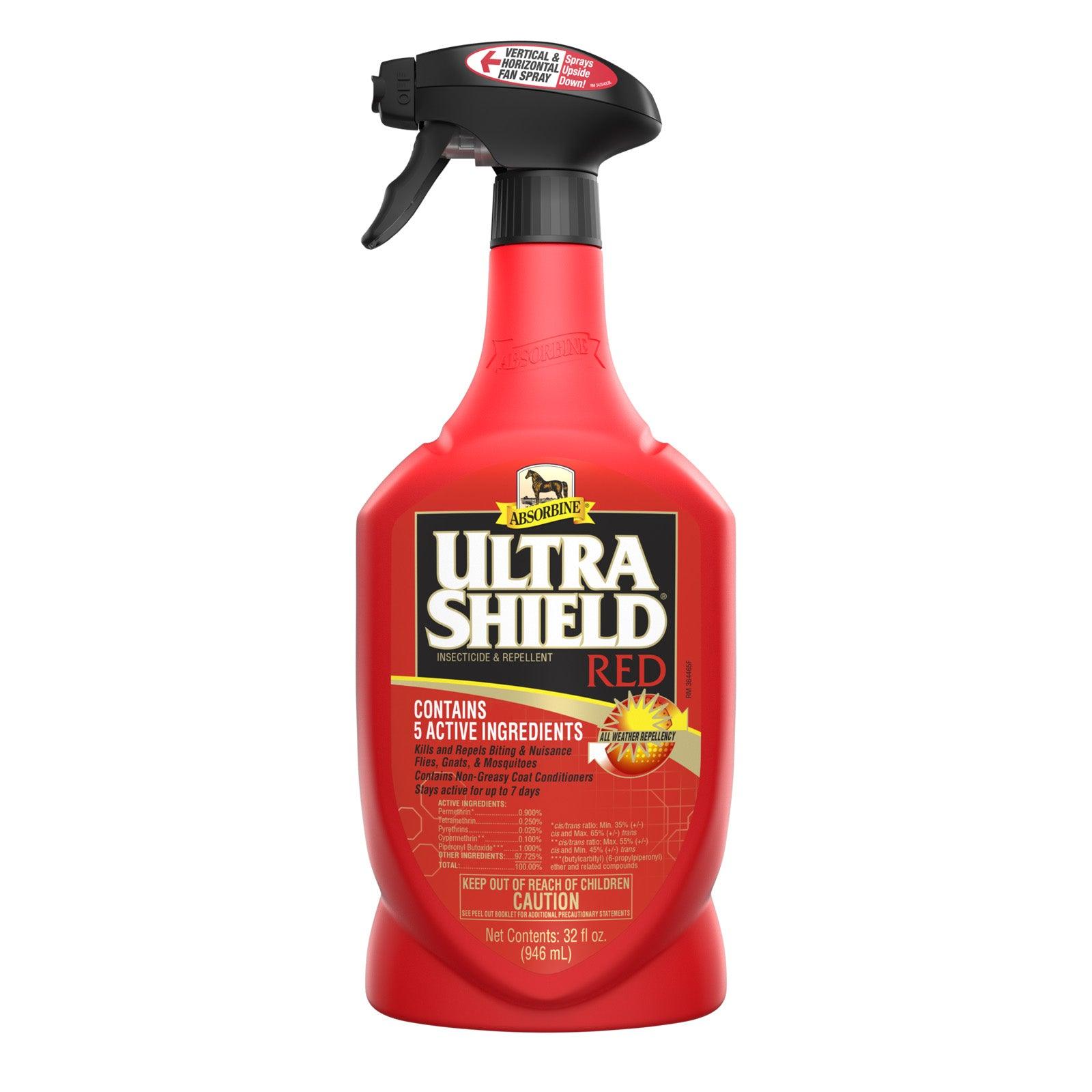 UltrShield Red insecticide & repellent quart sprayer bottle contains 5 active ingredients. Kills and repels biting & nuisance flies, gnats & mosquitos. Contains coat conditioners, stays active for up to 7 days.