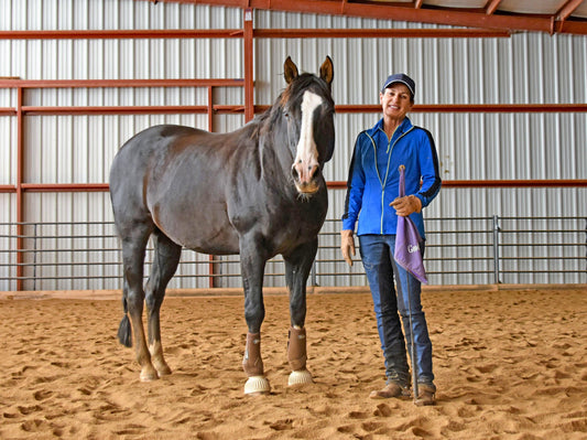 Horse trainer Julie Goodnight and black horse standing in a sandy ring. Absorbine Blog