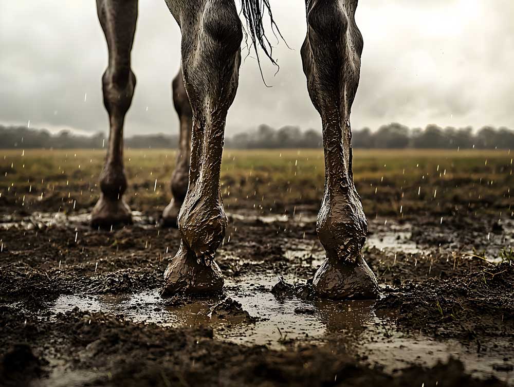 muddy horse legs in field