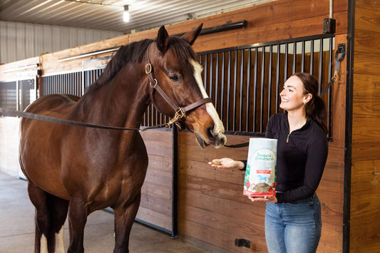 woman feeding Honest To Goodness Upcycled Horse Treats