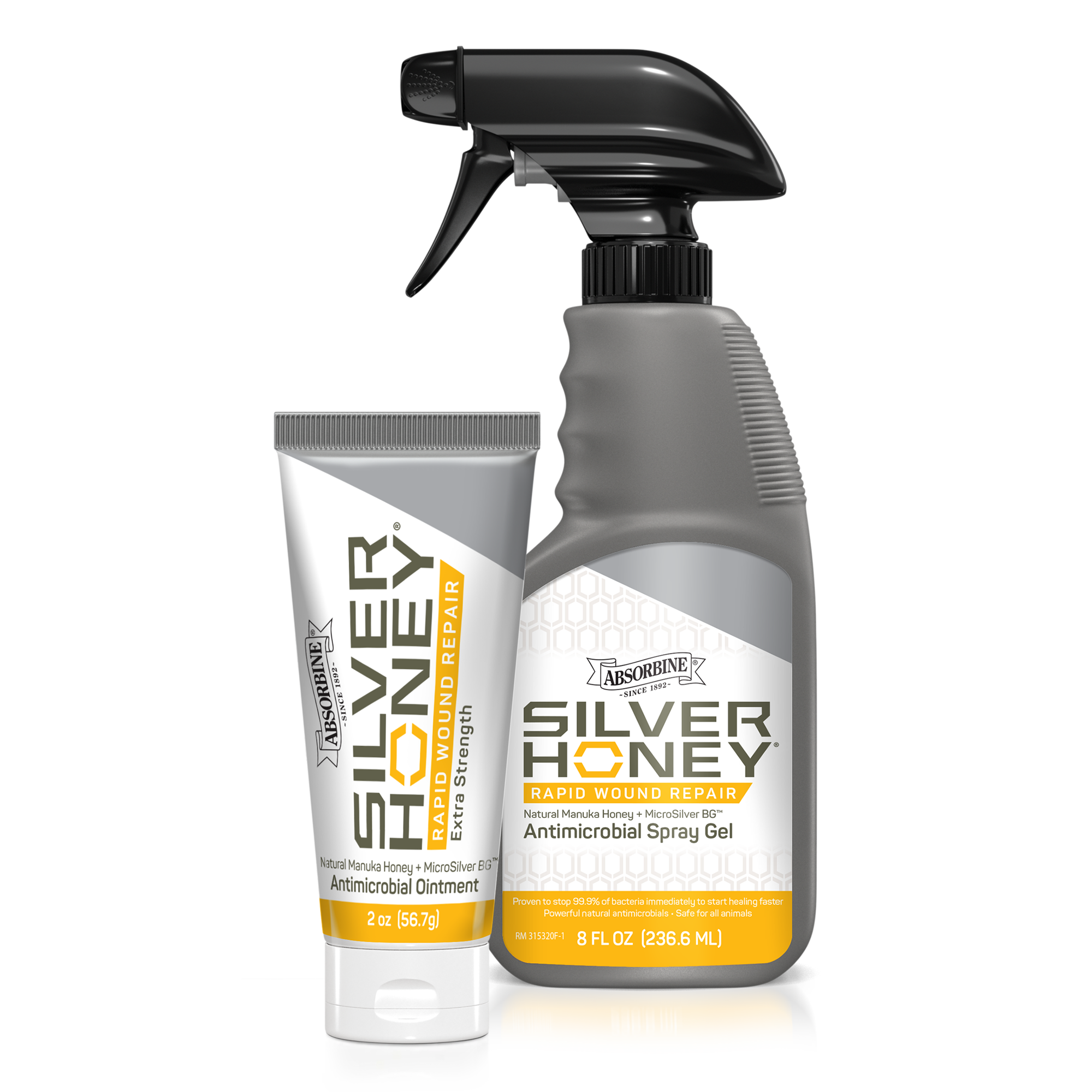 Silver Honey Rapid Wound Repair combo pack. Silver Honey extra strength 2 ounce ointment on the left. Silver Honey Rapid Wound repair Antimicrobial 8 ounce spray gel on the right.