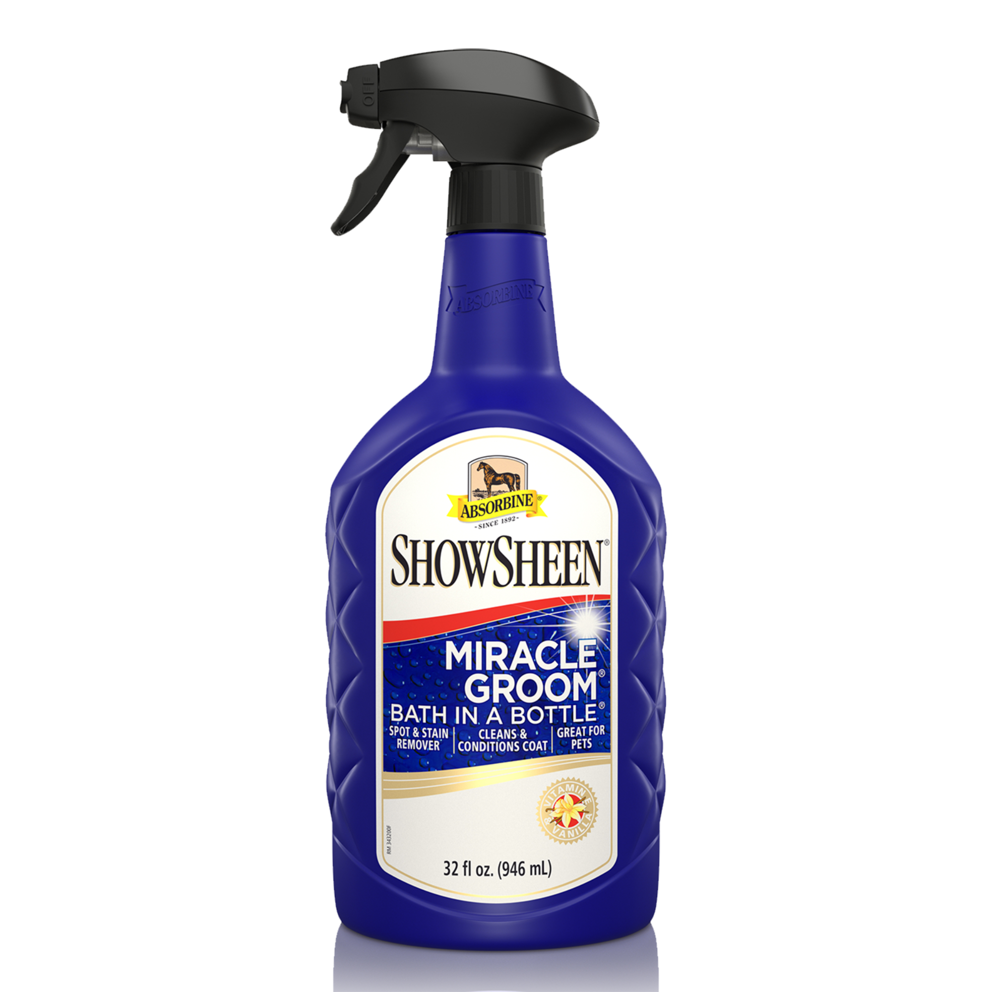 Showsheen Miracle Groom 32 fluid ounce blue bottle with black sprayer.  Bath in a bottle spot and stain remover.  Cleans and conditions coat, great for pets! 