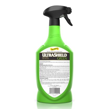 UltraShield Green Natural insect repellent in a 32 ounce spray bottle back label.