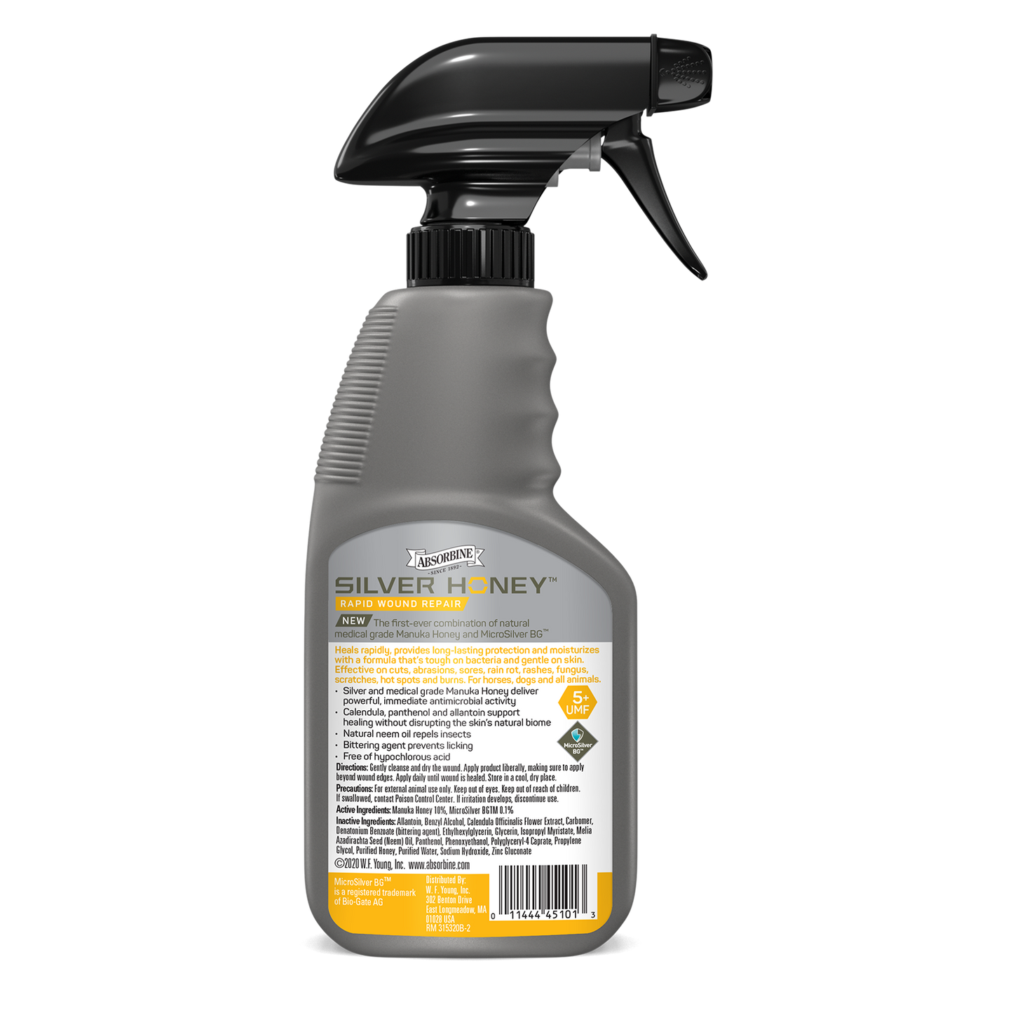 Silver honey rapid wound repair spray gel back of bottle.
