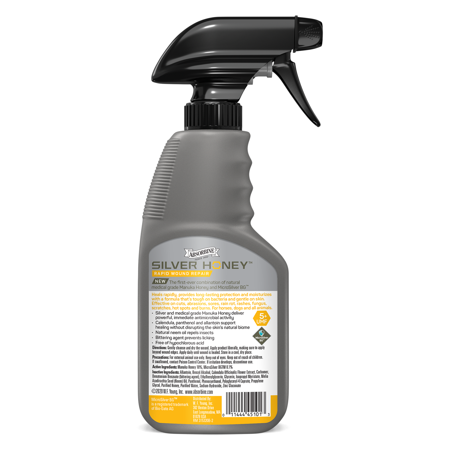 Silver honey rapid wound repair spray gel back of bottle.