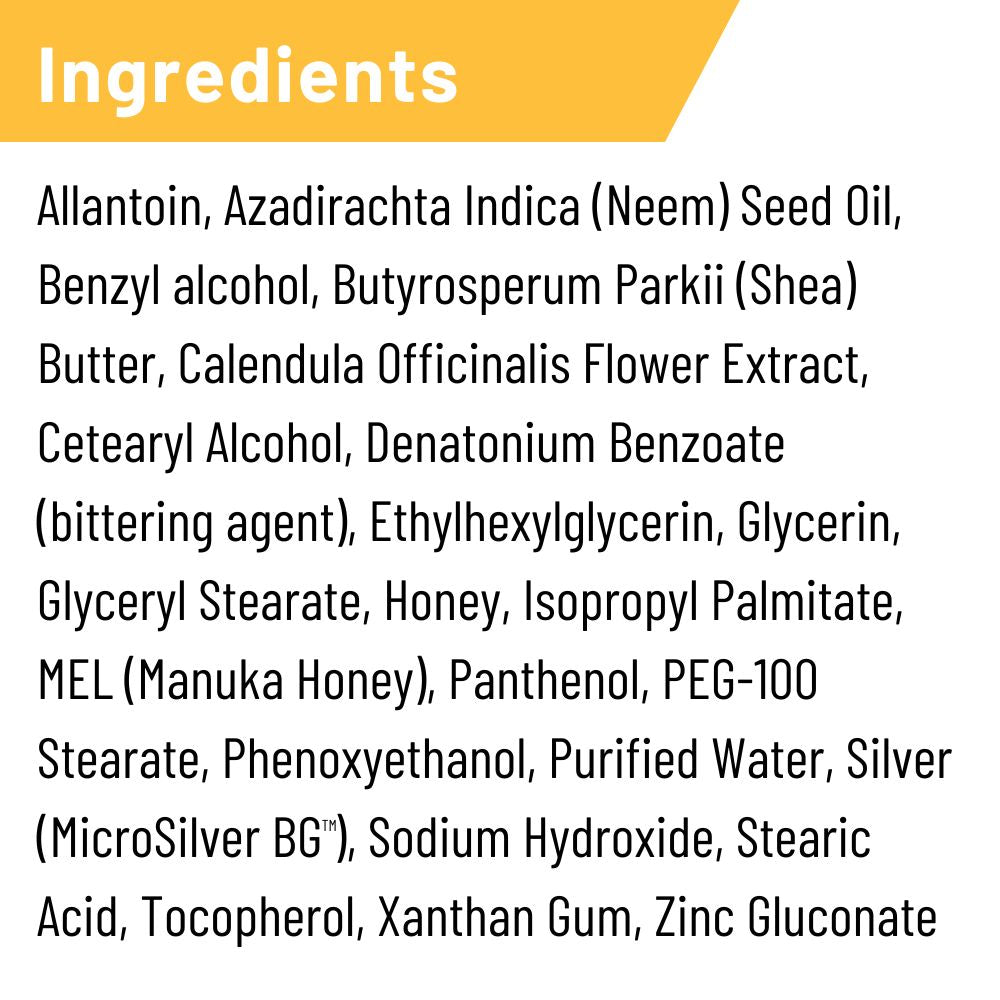 Ingredients label for Silver honey ointment.