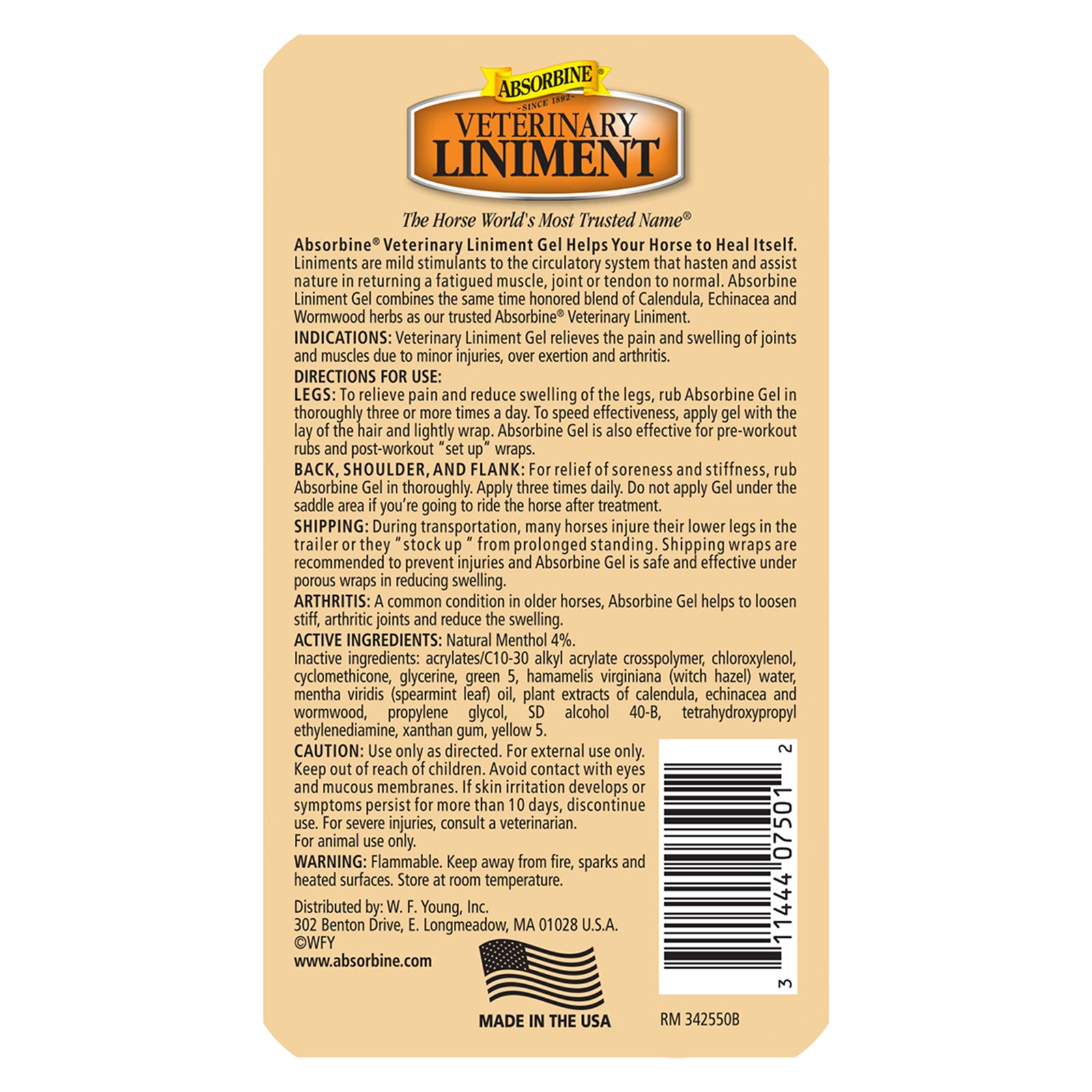 Absorbine Veterinary Liniment gel back label.