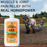 Huge Percheron horse dragging a tilling hoe behind him.  Absorbine veterinary liniment gel muscle & joint pain relief with real horsepower.