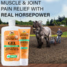 Absorbine Veterinary Liniment Gel muscle & joint pain relief with real horsepower.  Percheron horse dragging a hoe behind him with a man following.