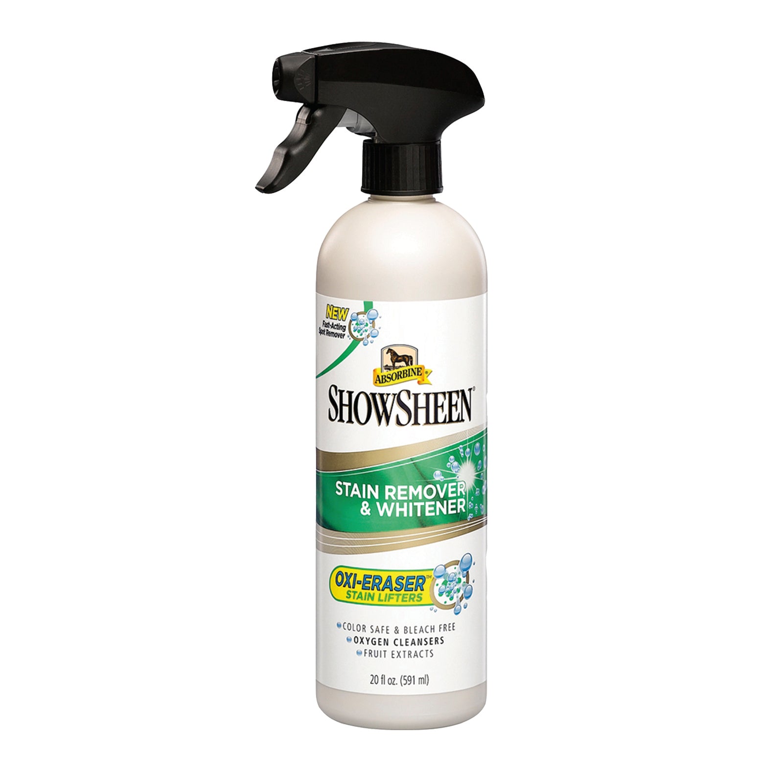 Showsheen Stain Remover and Whitener oxi-eraser stain lifters.  Color safe and bleach free, oxygen cleansers, fruit extracts.  Front of Showsheen white bottle with green label and black sprayer.