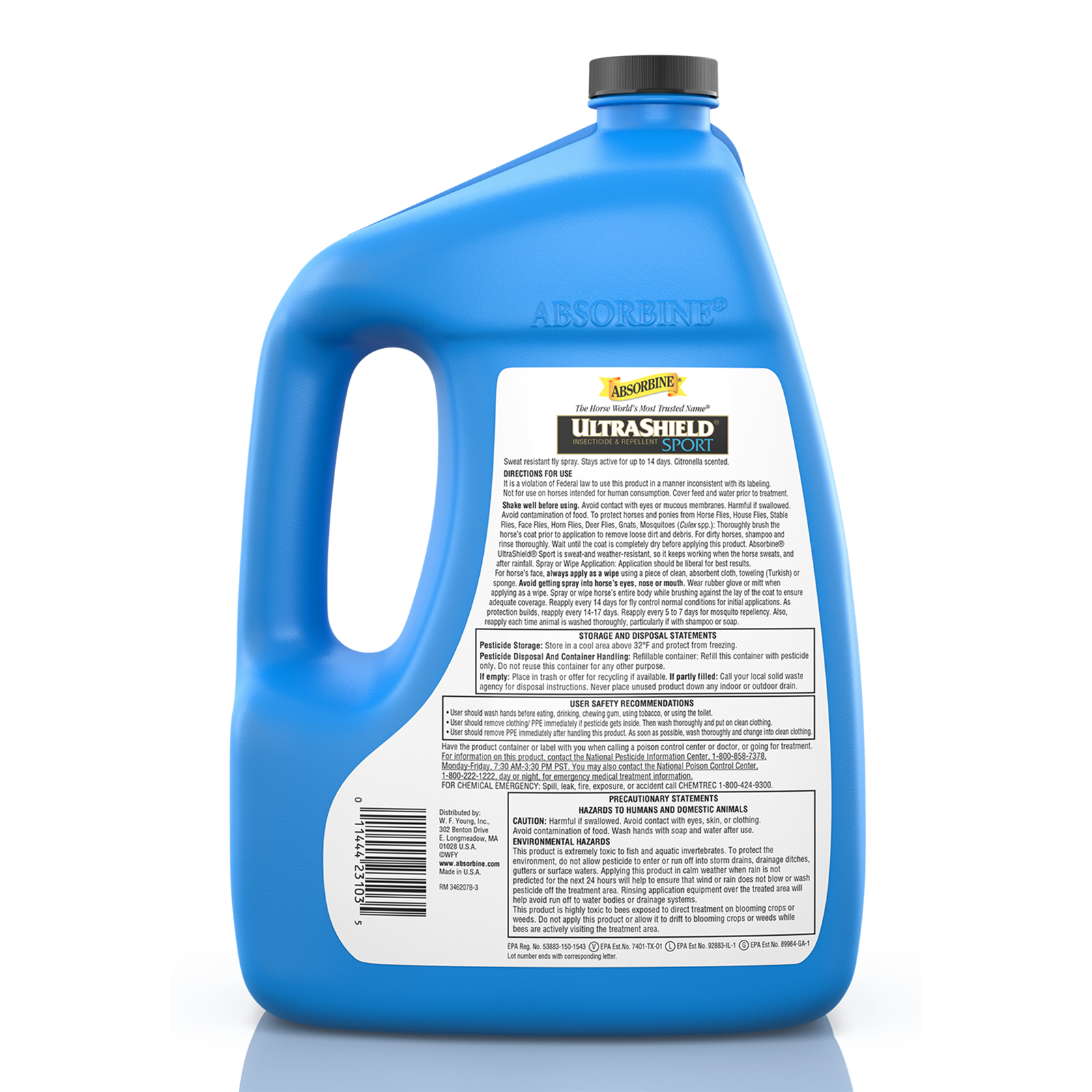 UltraShield® Sport gallon container back label. Directions for use and other directions like storage and user safety.