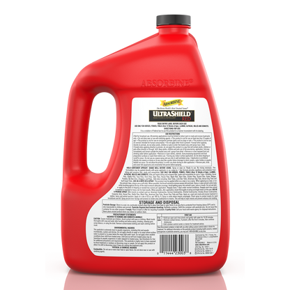 UltraShield® Red insecticide & repellent back label on gallon container.  Contains instructions, storage and disposal and other safety related information.
