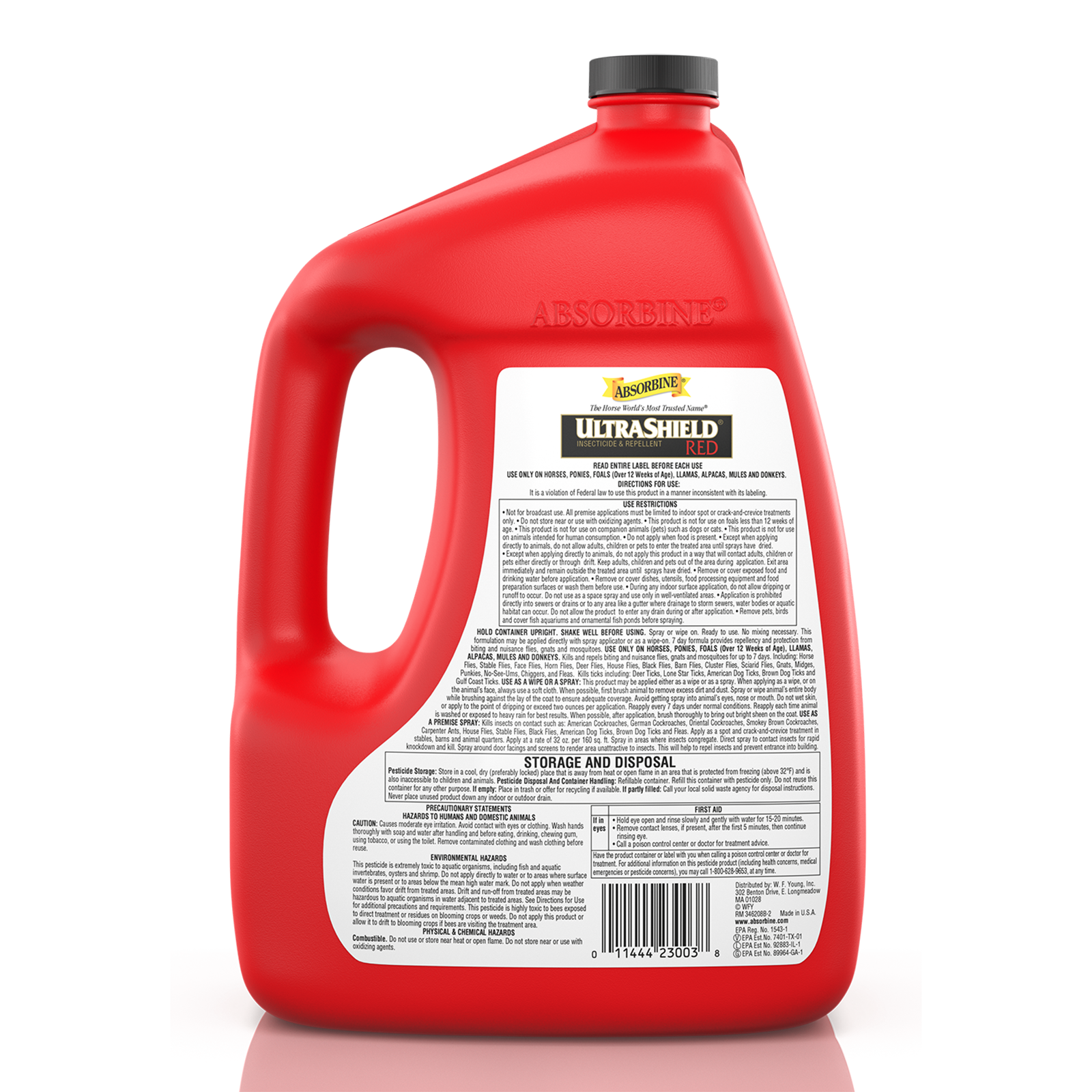 UltraShield® Red insecticide & repellent back label on gallon container.  Contains instructions, storage and disposal and other safety related information.