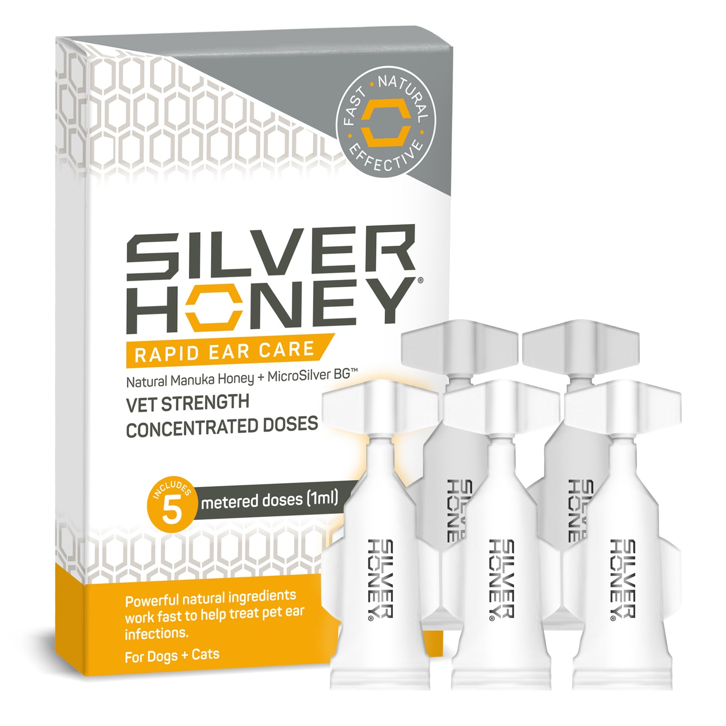 Silver Honey rapid ear care vet strength concentrated doses front of package.  Package includes 5 metered doses (1 ml)