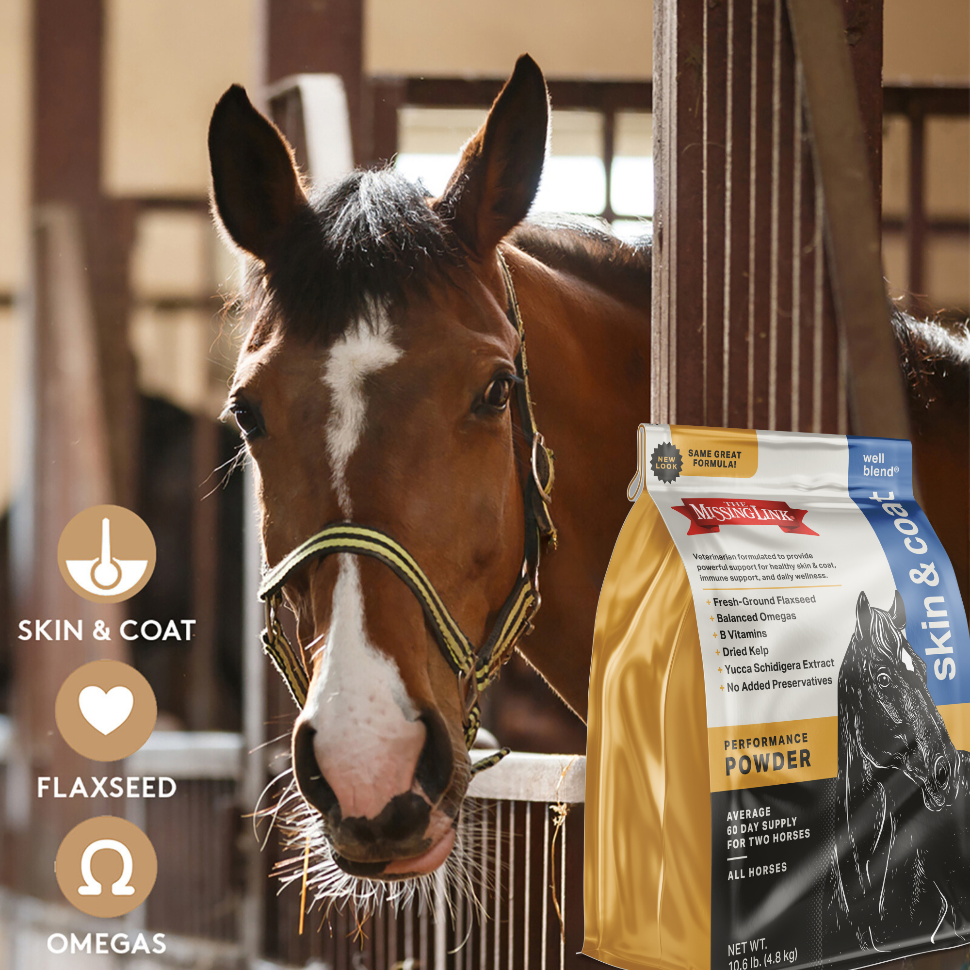 Chestnut horse with a white nose looking out her stall at a bag of The Missing Link Skin & Coat performance powder. New look bag, same great formula including flaxseed and omegas.