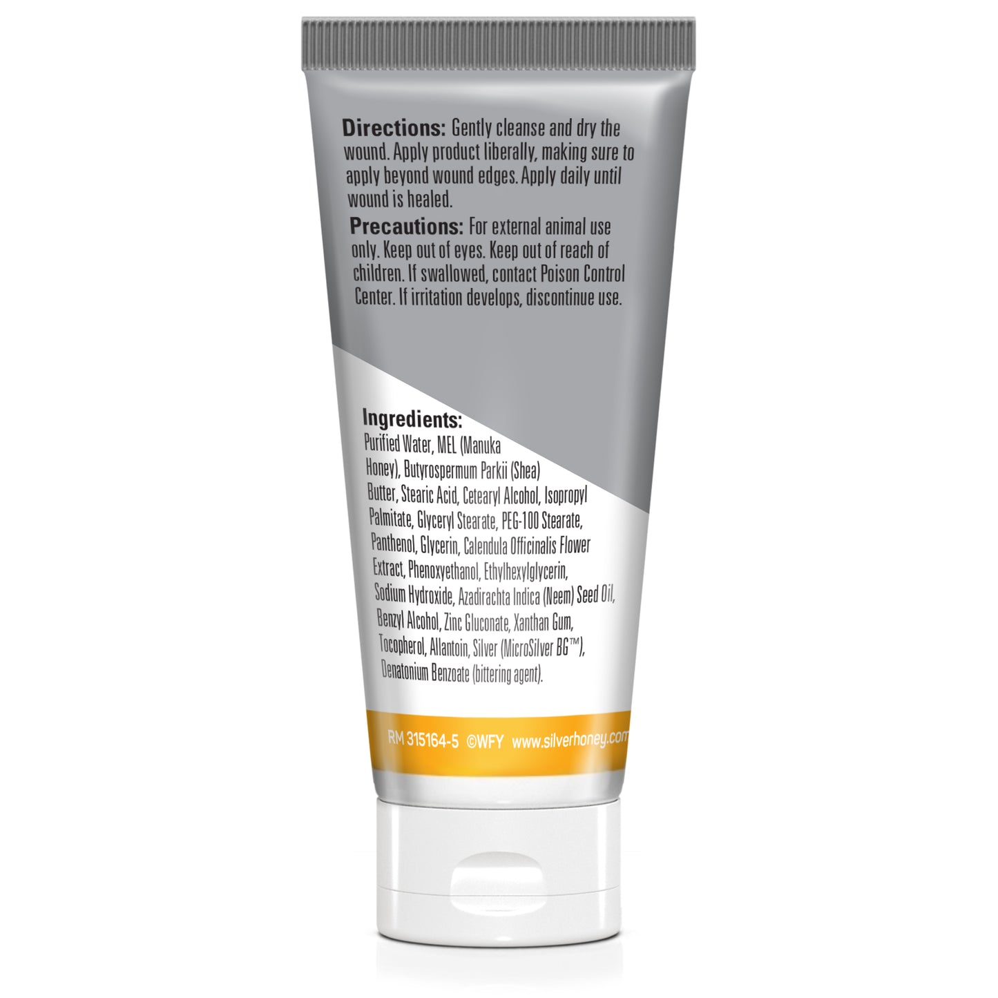 Silver honey rapid wound repair ointment back of tube.