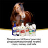 Chestnut brown horse standing behind the full line of Showsheen products.  Discover our full line of grooming products that promotes healthy coats, manes, and tails.