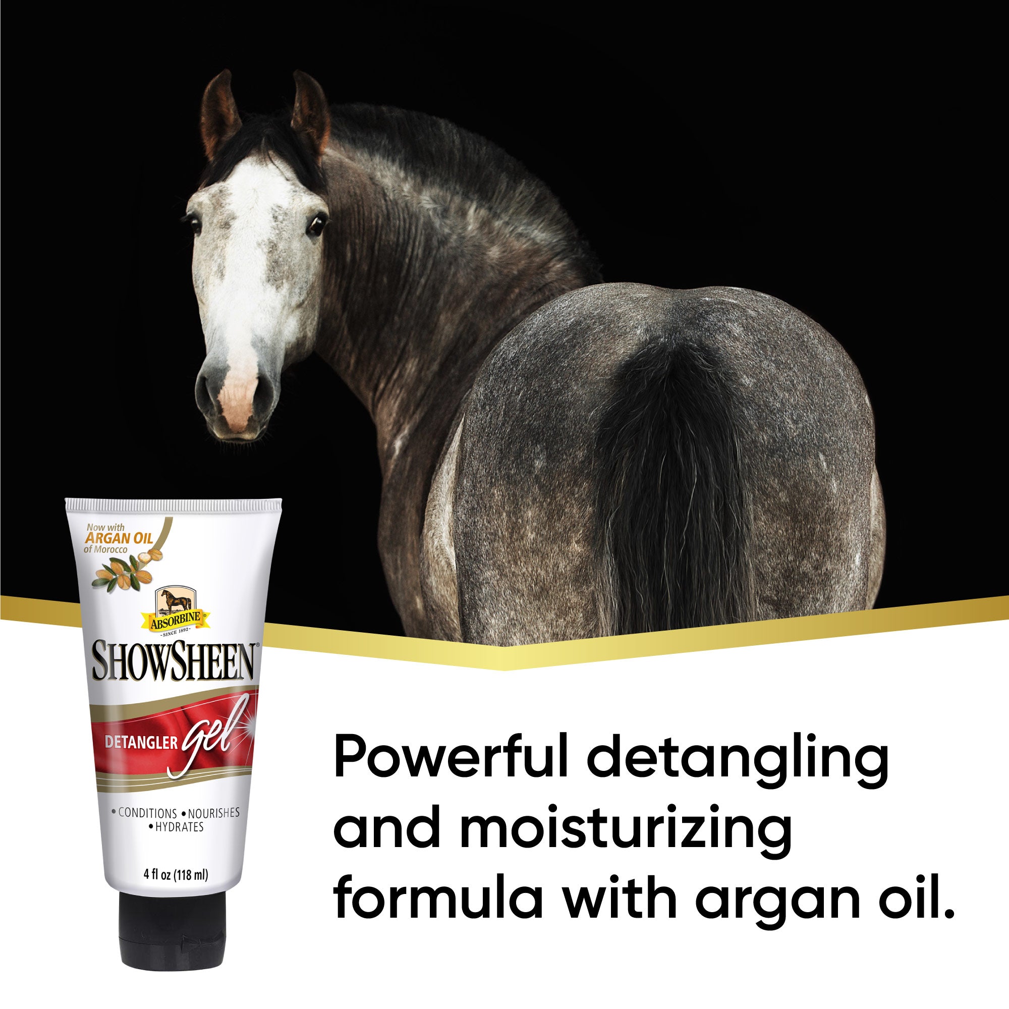 Gray horse with his tail showing, turning her face back towards the camera. Showsheen Detangler Gel, powerful detangling and moisturizing formula with argan oil.