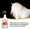 White horse with beautiful white mane standing behind a bottle of Showsheen Original Hair Polish and Detangler 32 fluid ounce spray bottle.  Made with pro-vitamins and silk proteins that strengthen coats, manes, and tails.