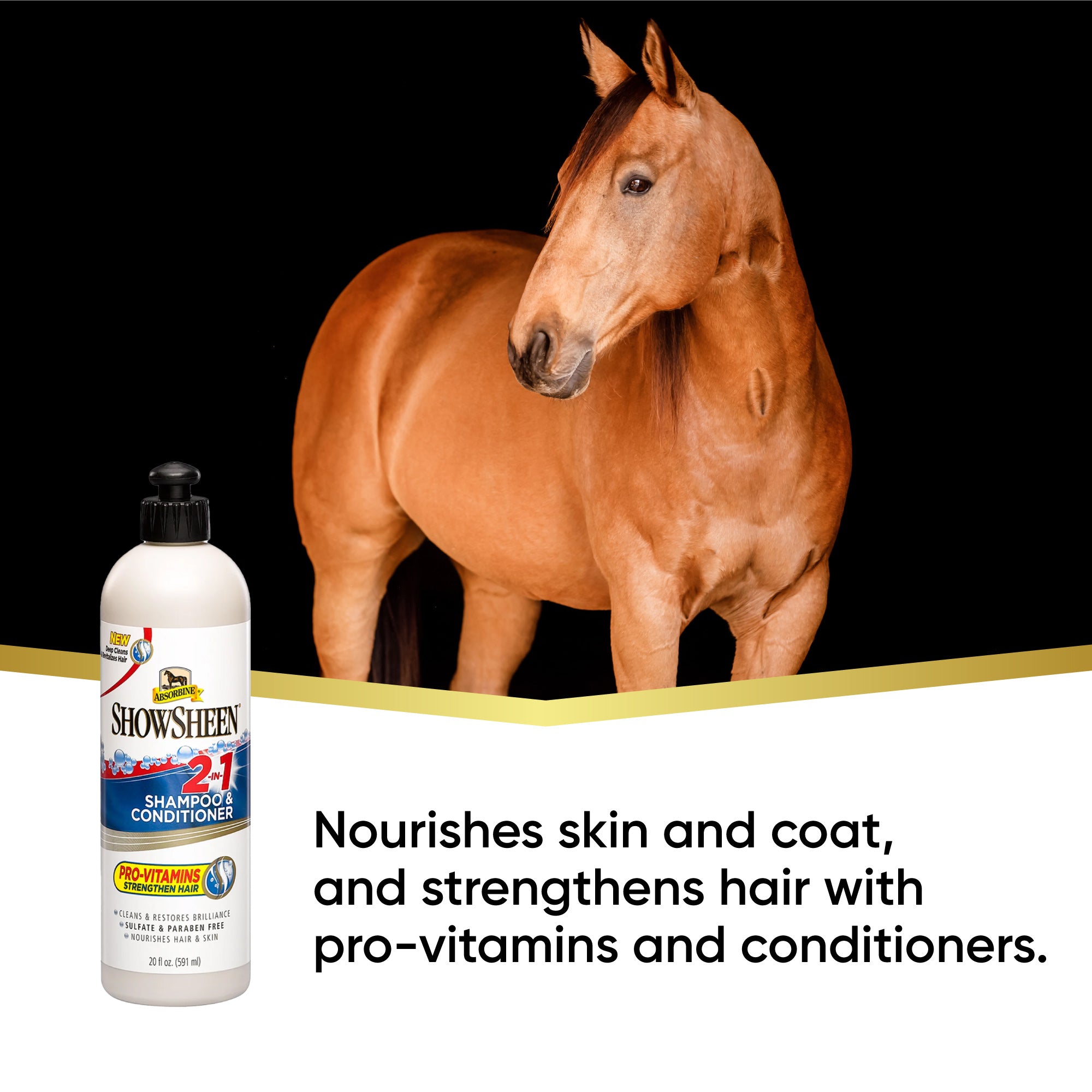 Brown horse standing in back of a bottle of Showsheen 2 in 1 Shampoo and Conditioner.  Nourishes skin and coat, and strengthens hair with pro-vitamins and conditioners.