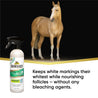 Horse standing behind Showsheen Stain Remover and Whitener.  Keeps white markings their whitest while nourishing follicles - without any bleaching agents. 