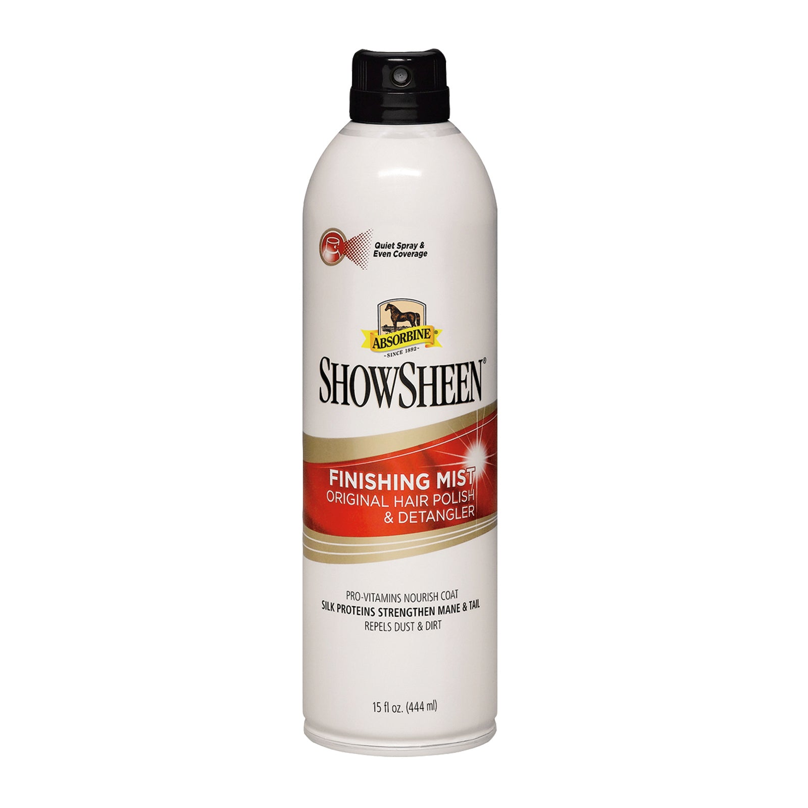 ShowSheen Finishing Mist original hair polish & detangler 15 fluid ounce bottle.  Pro-vitamins nourish coat, silk proteins strengthen mane & tail, repels dust & dirt