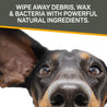 Brown and black dog (head shot) with his nose facing the camera, and clean ear being held open to show how clean it is. Wipe away debris, wax, bacteria with powerful natural ingredients.