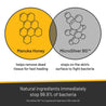 Venn diagram of Manuka Honey, and MicroSilver BG. Manuka honey helps remove dead tissue for fast healing. MicroSilver BG stays on the skin's surface to fight bacteria. Natural ingredients immediately stop 99.9% of bacteria.