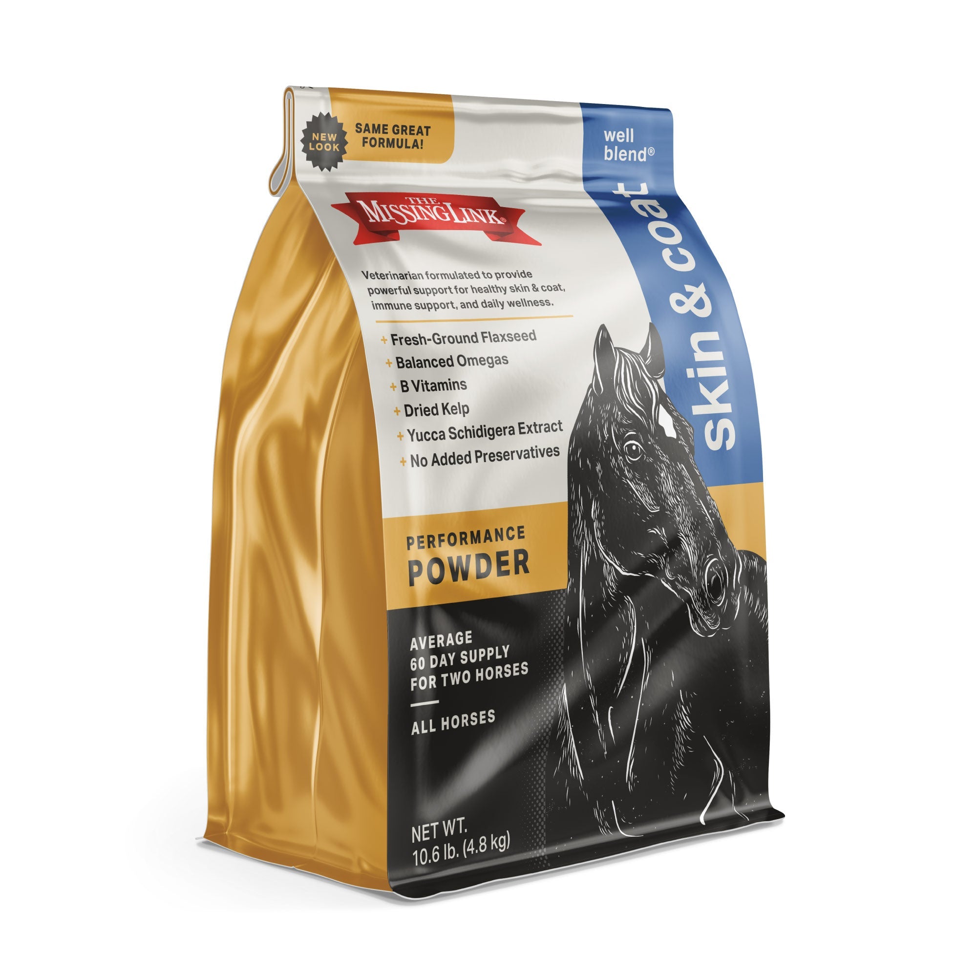 10.6 lb. bag 60 day supply of The Missing Link performance powder Well Blend Skin & Coat, new look, same great formula!