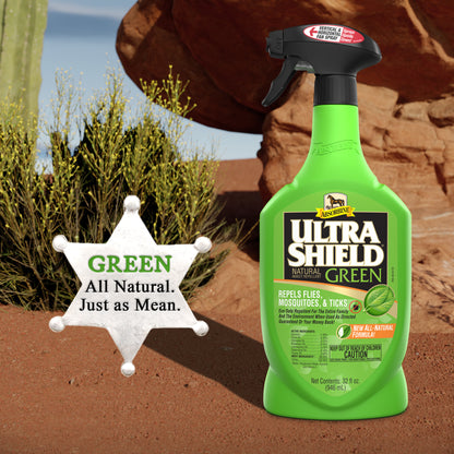 UltraShield Green Natural insect repellent in a 32 ounce spray bottle. Sheriff's badge with the words "Green all natural, just as mean" 