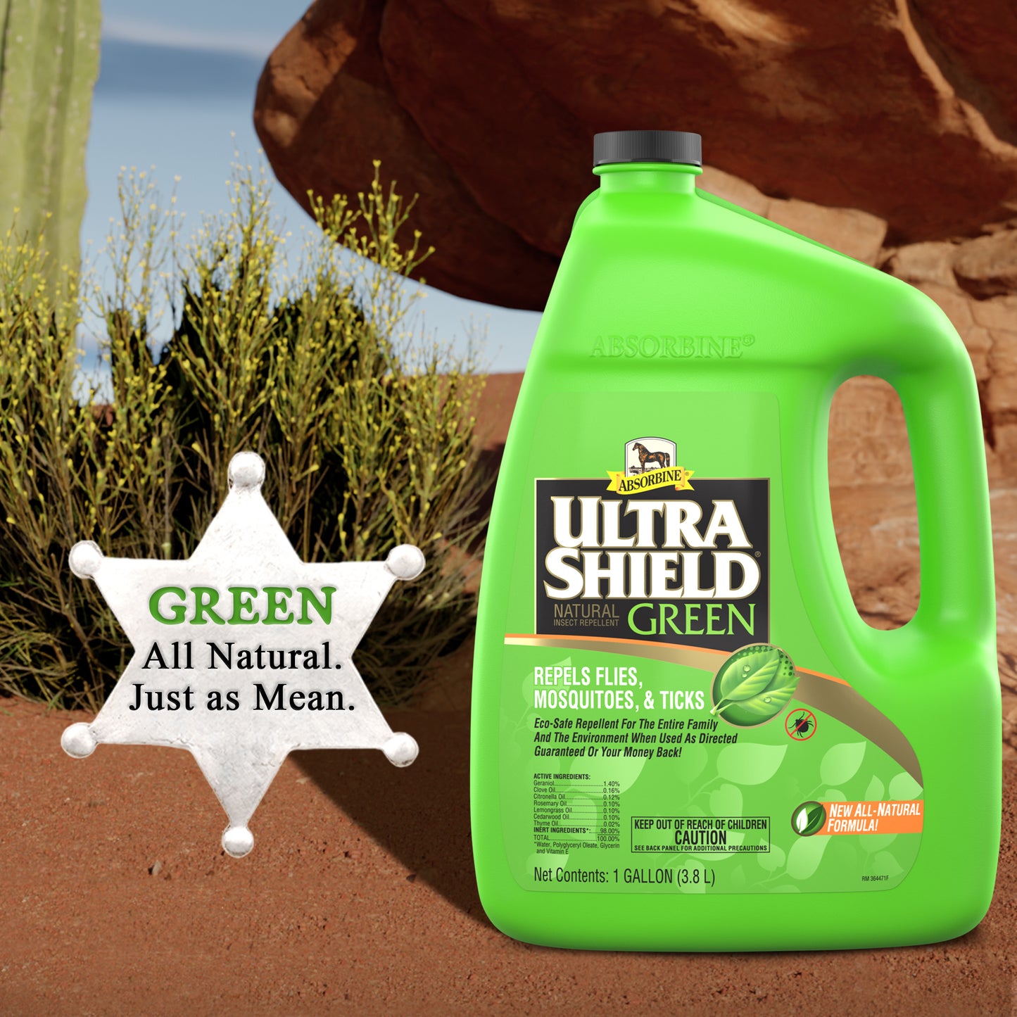 UltraShield Green gallon. Green all natural, just as mean, repels flies, mosquitoes & ticks