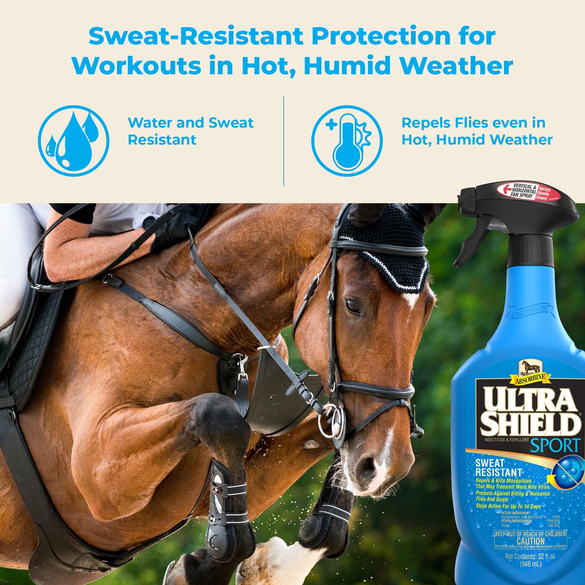 Chestnut colored horse in jumping gear, jumping towards a bottle of UltraShield Sport 32 oz bottle.  UltraShield Blue Sweat-Resistant Protection for workouts in hot, humid weather.  Water and sweat resistant, repels flies even in hot, humid weather.