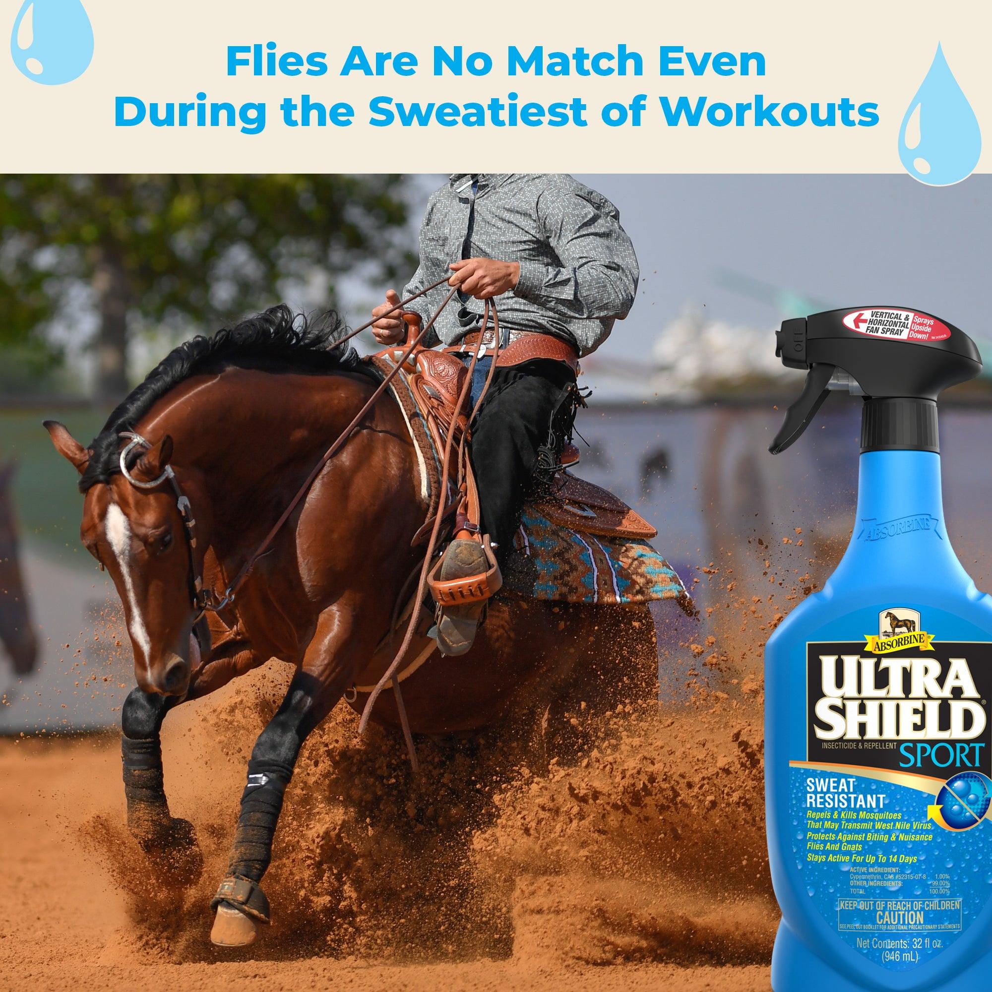 Western cowboy riding a beautiful brown horse planting his back legs into a slide.  UltraShield Sport "Flies are no match even during the sweatiest workouts.