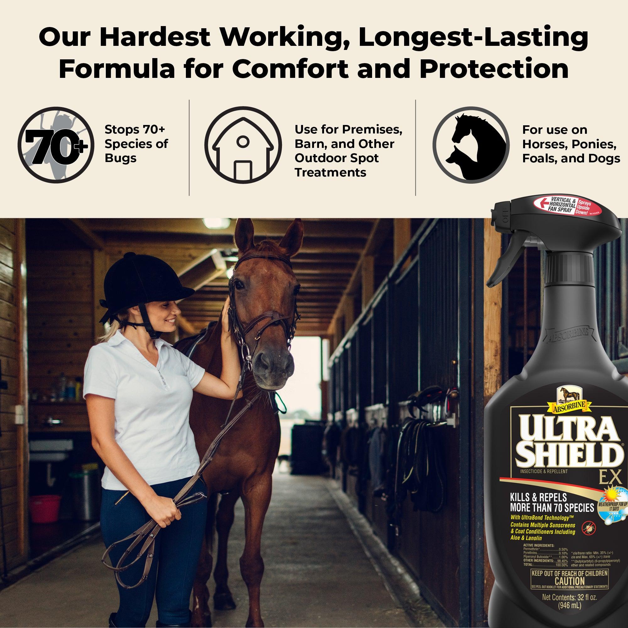 Woman in a white polo jersey walking her horse out of the stable. UltraShield EX "Our hardest working, longest-lasting formula for comfort and protection.
