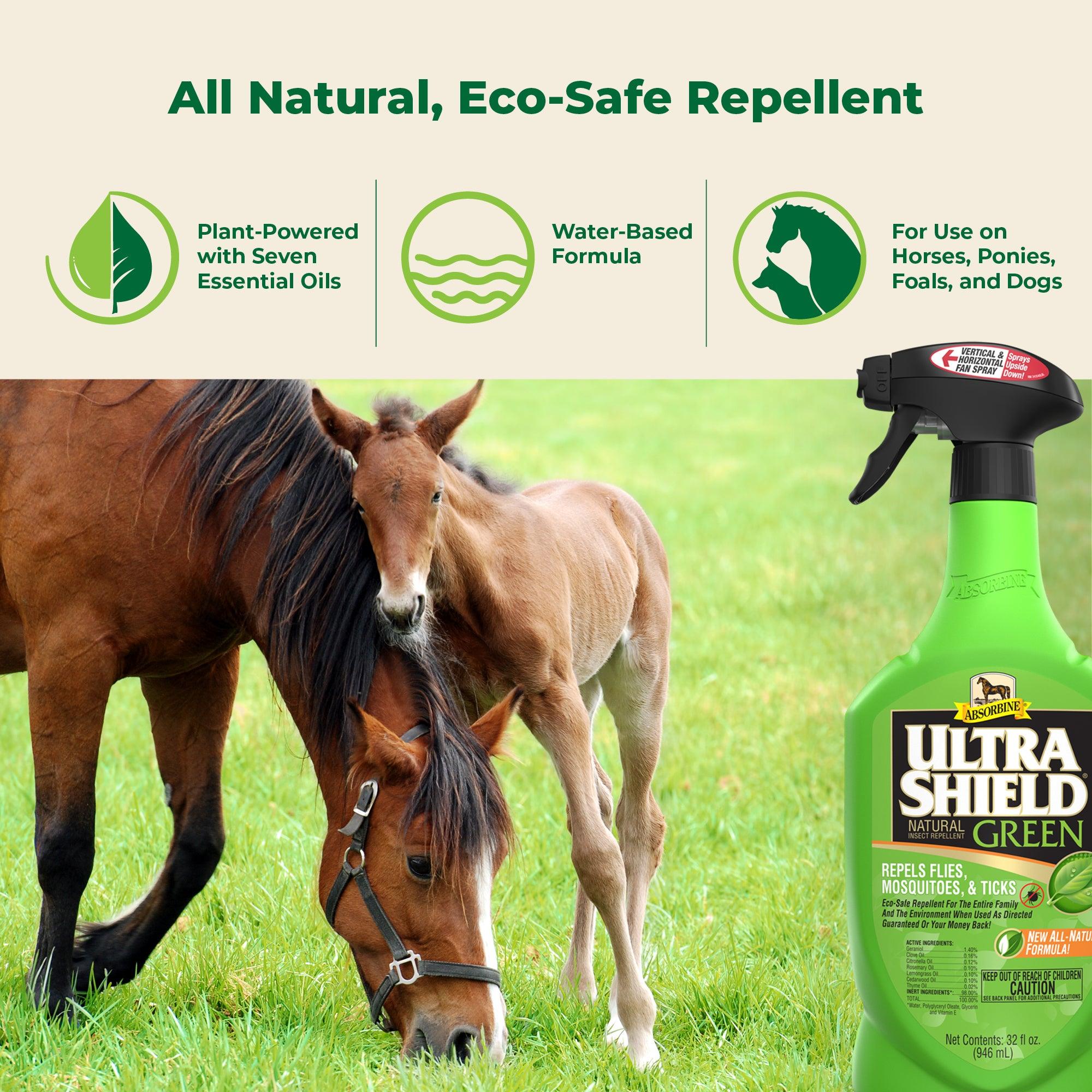 A foal snuggling the neck of his mother as she munches on some green grass.  UltraShield Green all natural, eco-safe replellent.  Plant-powered with seven essential oils, water based formula.  For use on horses, ponies, foals and dogs.