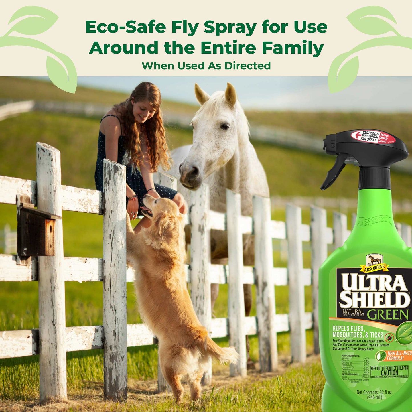 Girl on white fence with her golden retriever jumping on her legs with her white horse looking over her neck. UltraSheild Green Eco-safe fly spray for use around the entire family.