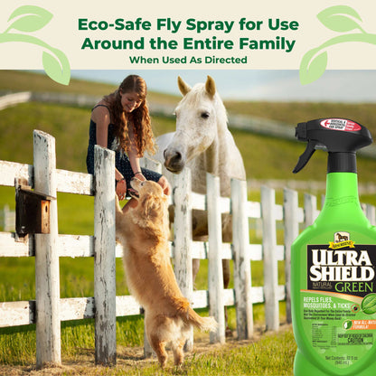 Girl on white fence with her golden retriever jumping on her legs with her white horse looking over her neck. UltraSheild Green Eco-safe fly spray for use around the entire family.