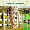 Girl on white fence with her golden retriever jumping on her legs with her white horse looking over her neck. UltraSheild Green Eco-safe fly spray for use around the entire family.