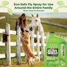 UltraShield Green Eco-safe fly spray for use around the entire family, when used as directed. Girl sitting on a horse fence with a white horse looking over her left shoulder as her golden retriever puts his front paws on her as she smiles.