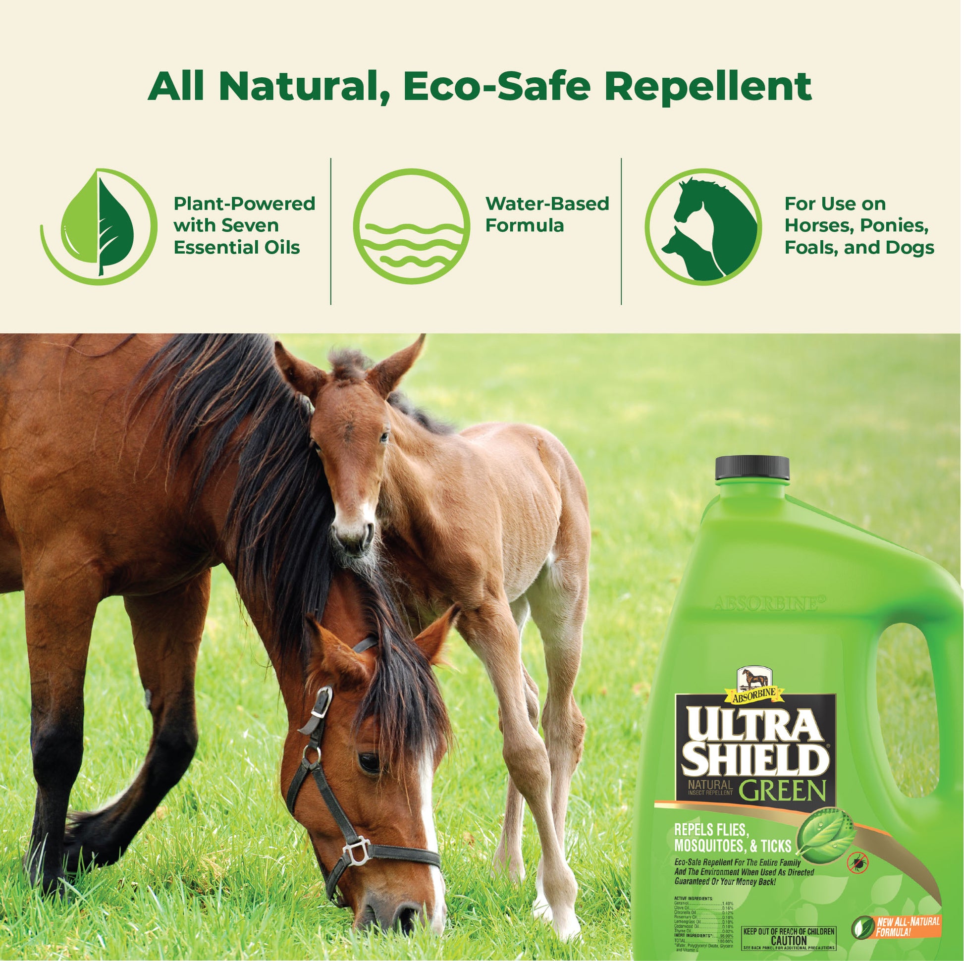 Mare with her foal in a green grassy meadow.  UltraShield Green all natural eco-safe repellent.  Plant powered with seven essential oils.  Water-based formula for use on horses, ponies, foals and dogs.