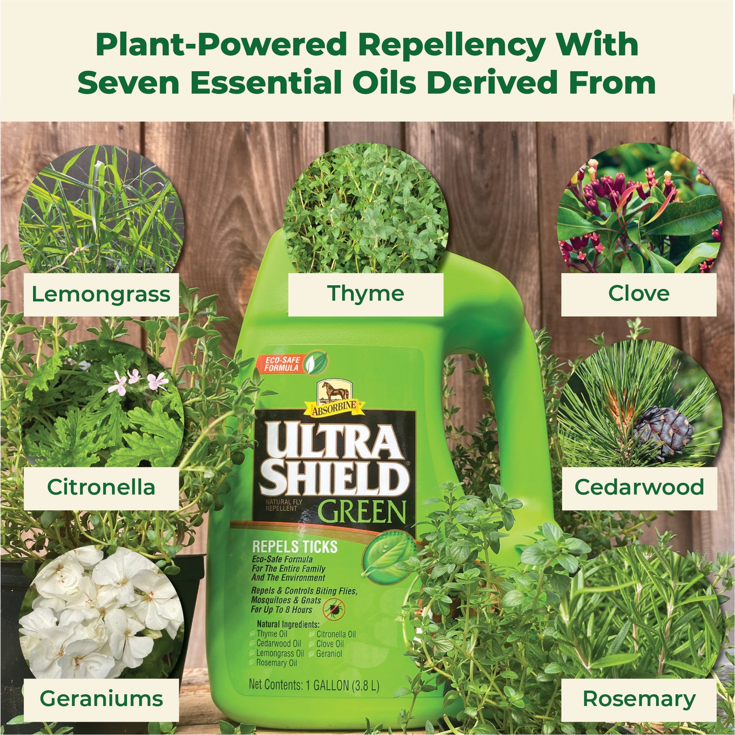 UltraShield Green plant-powered repellency with seven essential oils derived from Lemongrass, Thyme, Clove, Cedarwood, Rosemary, Citronella, and Geraniums.