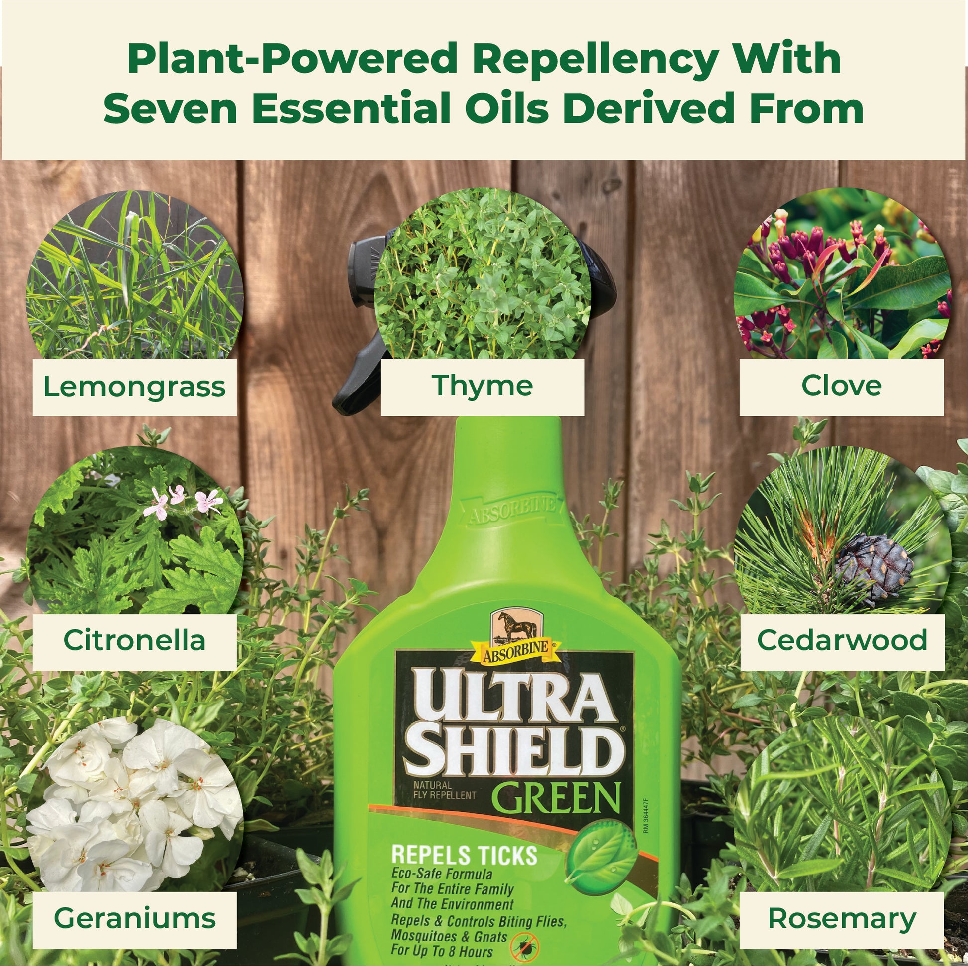 Plant-powered repellency with seven essential oils derived from Lemongrass, Citronella, Geraniums, Thyme, Clove, Cedarwood and Rosemary.