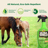 Mare eating grass while her foal snuggles her mane.  UltraShield Green all natural, eco-safe repellent. Plant powered with seven essential oils.  Water based formula, for use on horses, ponies, foals, and dogs.