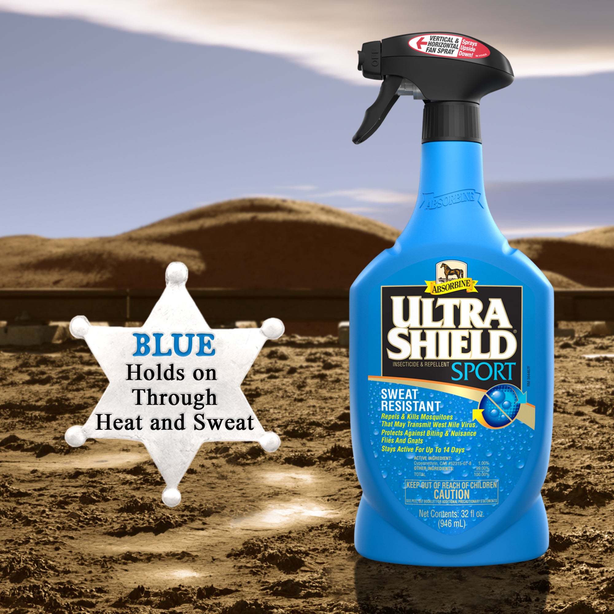 UltraShield Sport, blue holds on through heat and sweat.  UltraShield Sport 32 ounce bottle sitting in the desert with a sheriff's badge next to it.