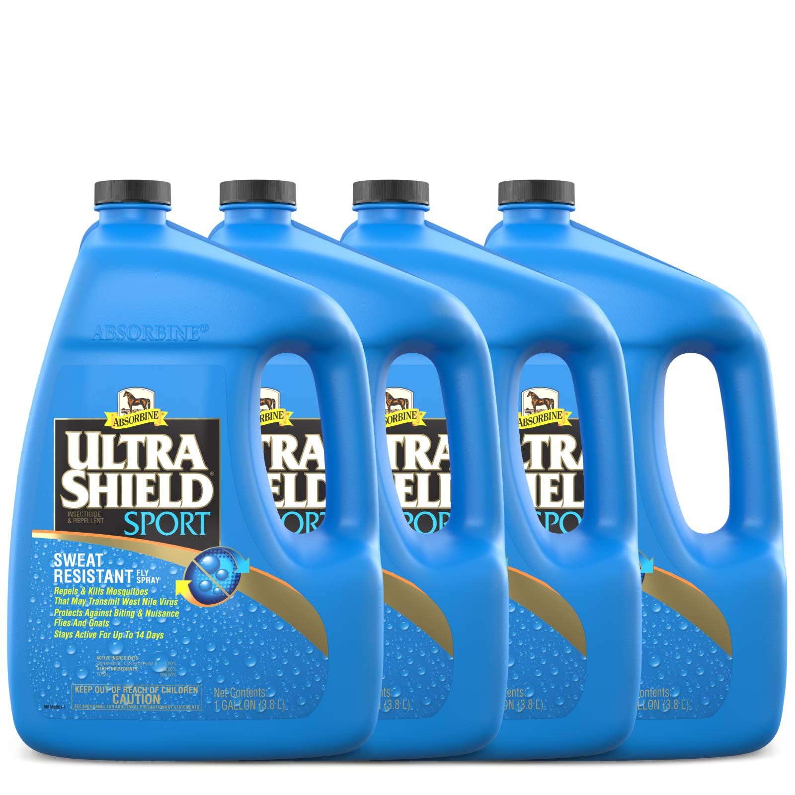 4 Blue Gallons of UltraShield® Sport Sweat Resistant Fly Spray.  Repels & kills mosquitos, flies and gnats.  Stays active for up to 14 days.