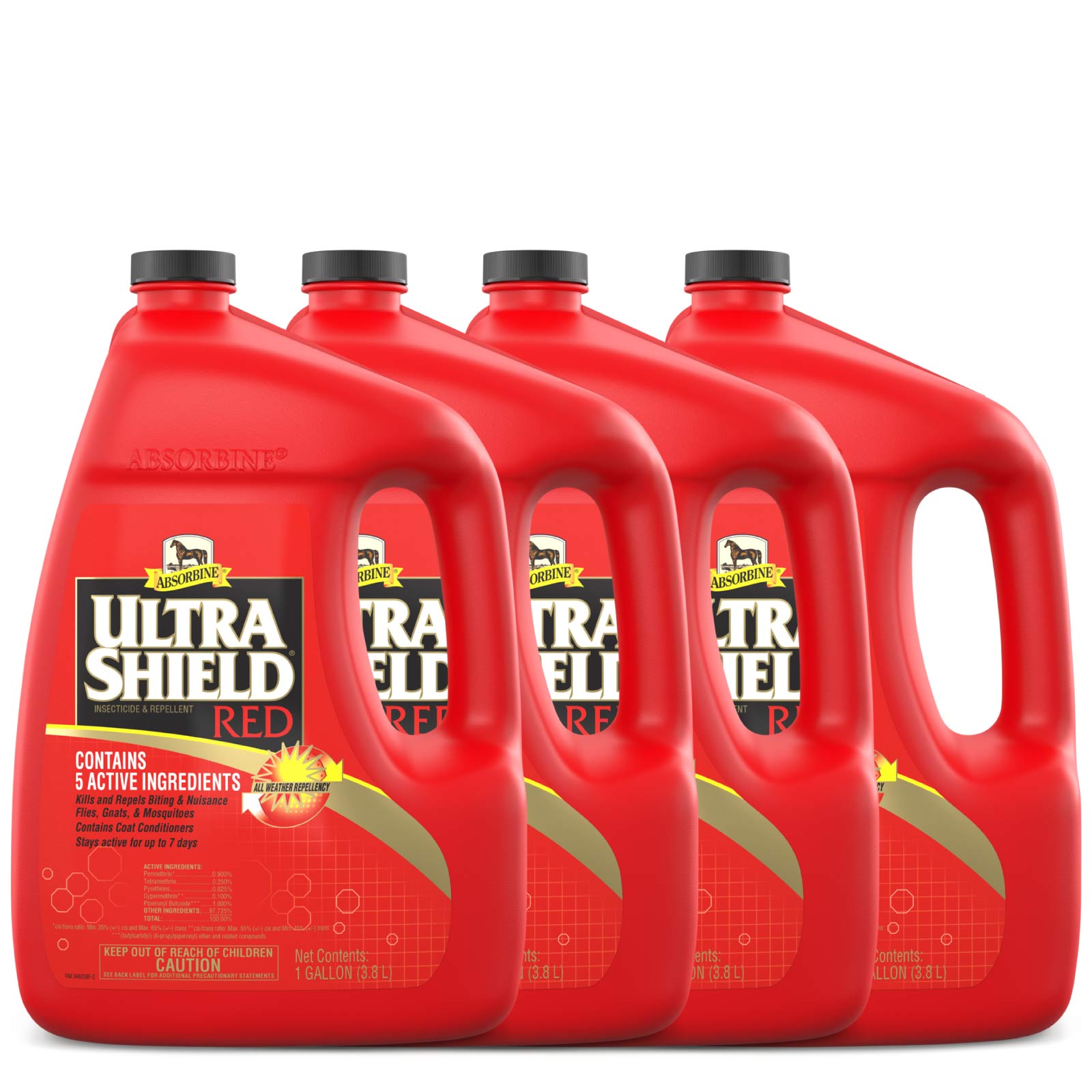 UltraShield® Red insecticide & repellent 4-gallon bundle.  Contains 5 active ingredients, kills and repels biting & nuisance flies, gnats & mosquitos.  Stays active for up to 7 days.