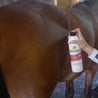 Beautiful chestnut colored horse's hind leg being prayed with ShowSheen finishing mist.