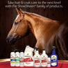 Take hair & coat to the next level with ShowSheen family of products. Chestnut horse standing in back of the Showsheen product line.  ShowSheen 2-in-1 shampoo & conditioner, whitener, original hair polish & detangler gallon size, quart with sprayer, refillable quart, detangler gel and ShowSheen Miracle groom.