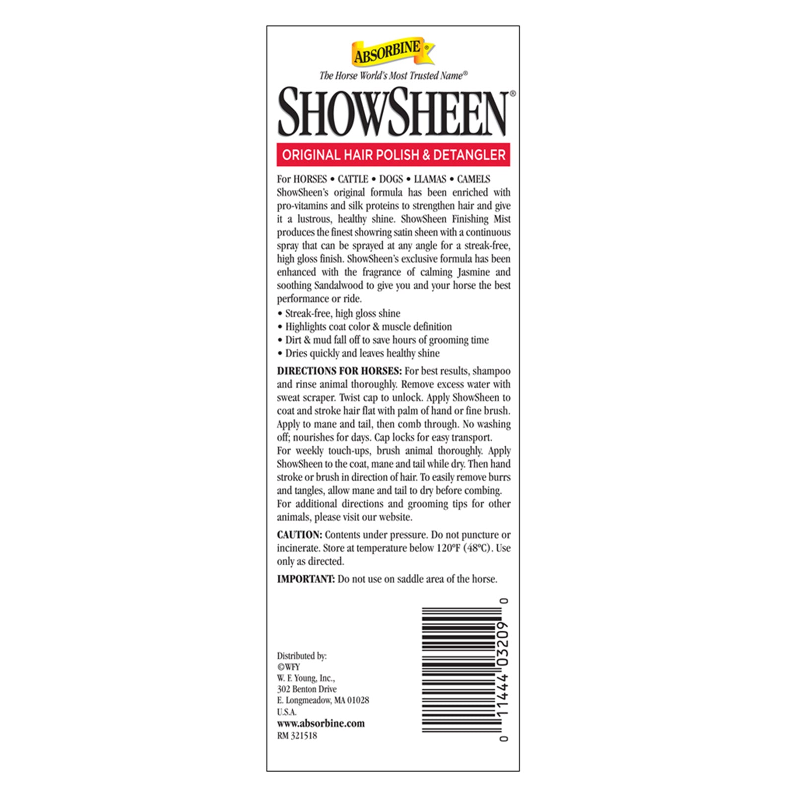 ShowSheen original hair polish & detangler for horses, cattle, dogs, llamas, camels, back label of bottle.